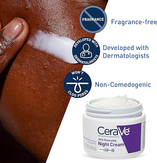 CeraVe night cream for face applied on dark skin with fragrance-free and dermatologist developed features