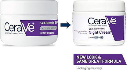 CeraVe night cream for face in white jar with purple label showing skin renewing night cream old and new packaging