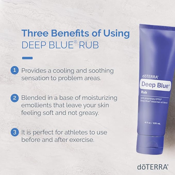 doTERRA Deep Blue Rub 4 oz blue tube providing cooling and soothing relief with moisturizing emollients