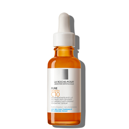 La Roche-Posay Vitamin C10 Serum in an amber glass bottle with white dropper for skin care