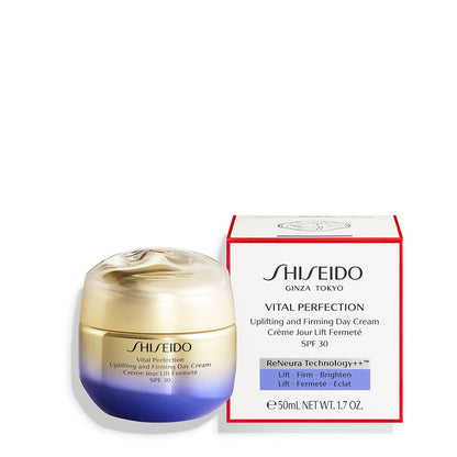 Shiseido Vital Perfection Day Cream jar and box with uplifting and firming anti-aging skin care formula
